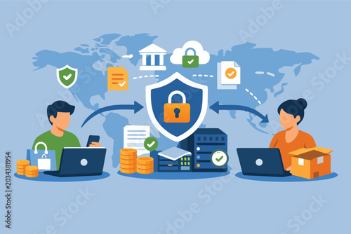 Secure online transaction process with buyer and seller using a digital escrow system, featuring a shield with padlock, world map, servers, coins, and icons for safe global e-commerce business.