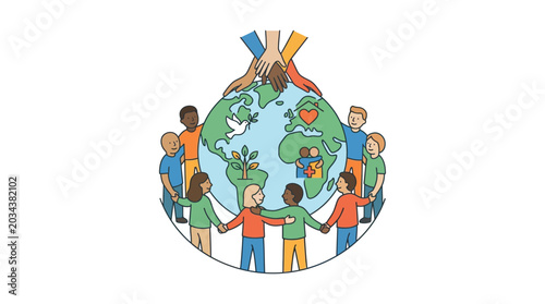 Quadro su tela Diverse group of people holding hands around the earth globe illustration 1