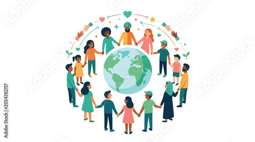 Foto Diverse group of people holding hands around the world globe illustration 1