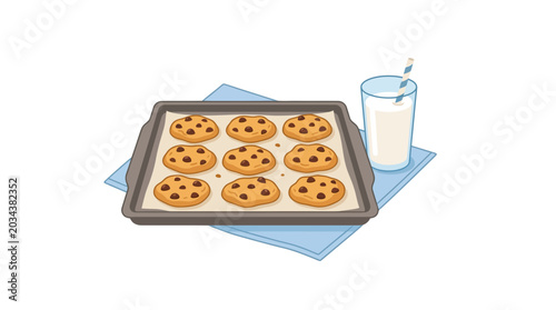 Foto Freshly baked chocolate chip cookies on a baking sheet with a glass of milk