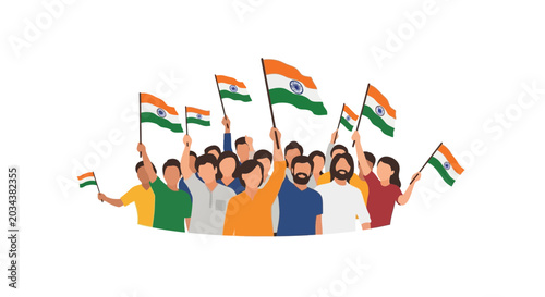 Tableau sur toile Group of diverse Indian people celebrating with national flags.