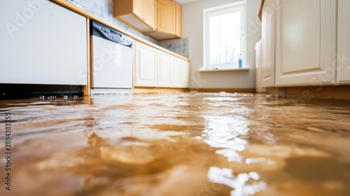 Water covers the floor of a kitchen after a flood in a home