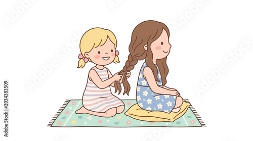 Fotografie Little girl braiding her friend hair illustration.