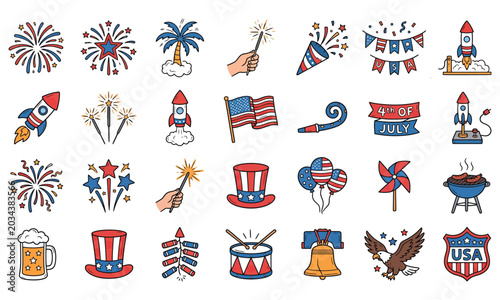 Fourth of july patriotic icons collection with fireworks and american symbols