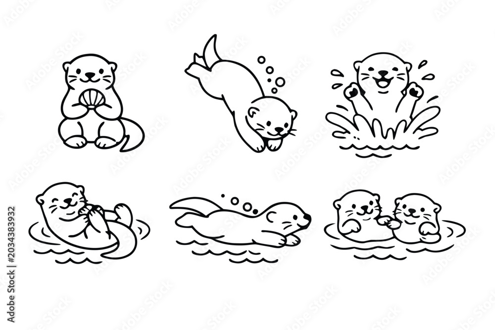 Fototapeta premium Vector Line Art Otter Icon Set Featuring Six Playful Poses: Cute Otter Holding a Shell, Diving Underwater with Bubbles, Splashing in Waves, Floating on Back, and a Sweet Pair Holding Hands Together.