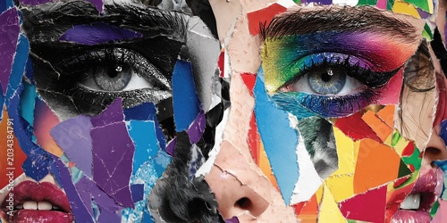 woman's face mosaic, each feature (eyes, lips, nose) made from ripped magazine photos