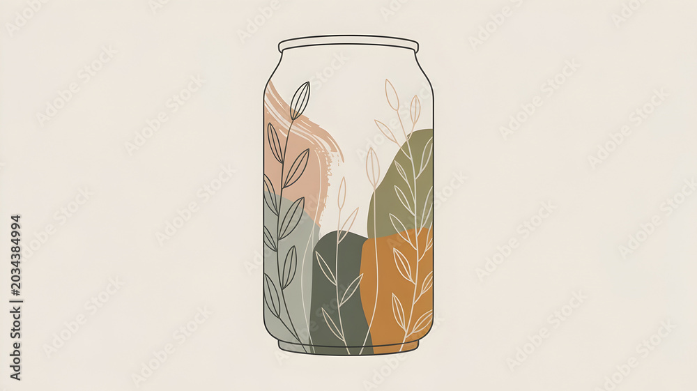 Obraz premium Abstract illustration of a soda can with organic shapes and botanical leaf elements in muted earth tones.