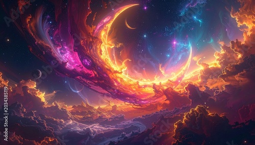 Fantastical Cosmic Nebula Scene with Planets and Star-Filled Sky Symbolizing Astronomy, Imagination, Universal Grandeur, and Celestial Energy