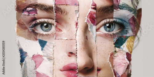 woman's face mosaic, each feature (eyes, lips, nose) made from ripped magazine photos