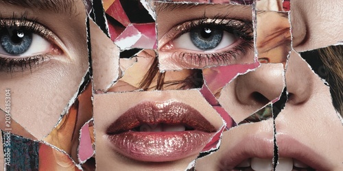 woman's face mosaic, each feature (eyes, lips, nose) made from ripped magazine photos