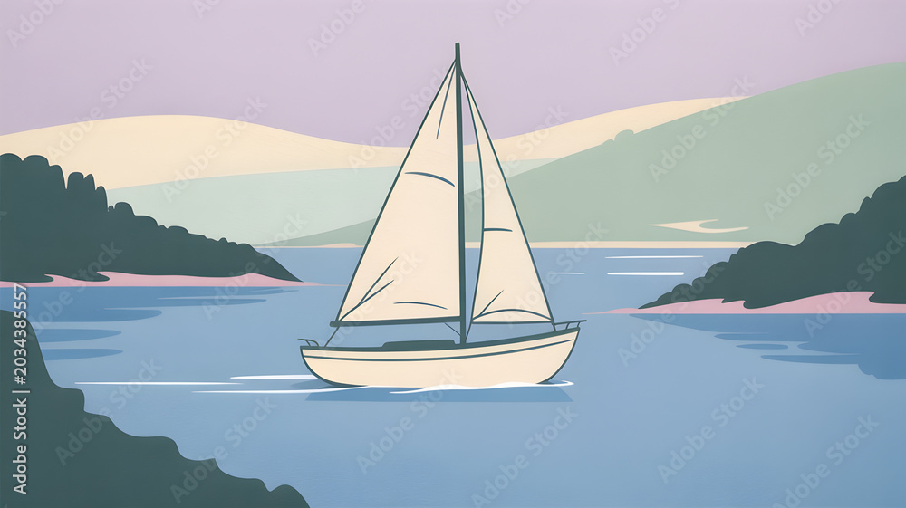 Naklejka premium Sailboat on calm water, serene landscape with rolling hills and pastel sky, minimalist style, peaceful journey across gentle blue sea, calm voyage.