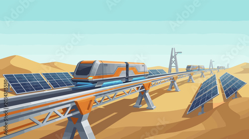 Modern maglev train on elevated track through a desert, powered by solar panels. Represents clean energy, sustainable transportation, and innovative technology.