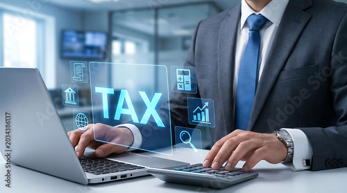 Online tax filing and digital financial management with laptop and calculator