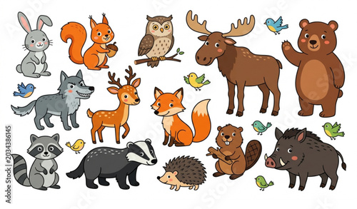 Cute forest animal vector collection with woodland wildlife cartoon character set