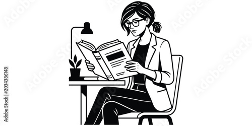 Cuadro en lienzo Person reading book at desk, glasses, blazer outfit, calm study environment, pot