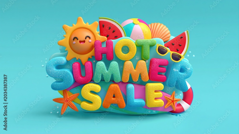Fototapeta premium Fun and colorful hot summer sale display with sun, watermelon, balloons, and bright typography.