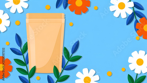 Bright blue background with vibrant orange and white daisies, green leaves, and yellow dots surrounding beige pouch for product mockup.