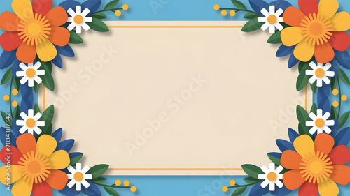 Festive floral frame with large orange and yellow flowers, small white daisies, green leaves, and blue background borders beige rectangle.