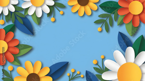 Spring flowers and leaves arranged as frame on bright blue background, cheerful vibrant design.