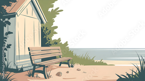 Wooden bench near beach hut with grass and ocean view, shells on sand, peaceful seaside scene, vacation relaxation.