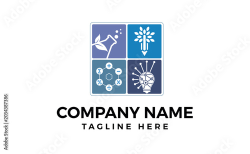 Biology Logo. Research icon. Includes thin line symbols experiment, scientific, technology, chemical, bio, laboratory, chemistry. Editable vector.