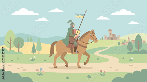Fotografie A brave medieval knight riding a horse across a scenic landscape.