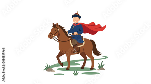 Foto A cartoon illustration of a historical warrior figure riding a brown horse