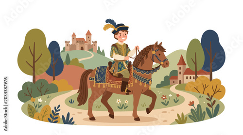 Foto A brave young prince riding a majestic horse in a medieval fairy tale setting