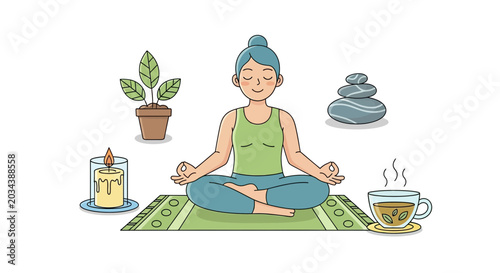 Картината върху платно A woman meditating in a peaceful home yoga environment with wellness accessories