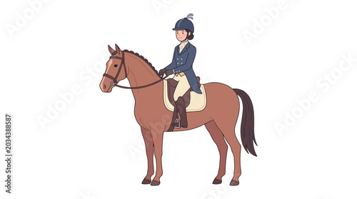 Bilde på lerret A young equestrian girl riding a brown horse in a flat vector illustration