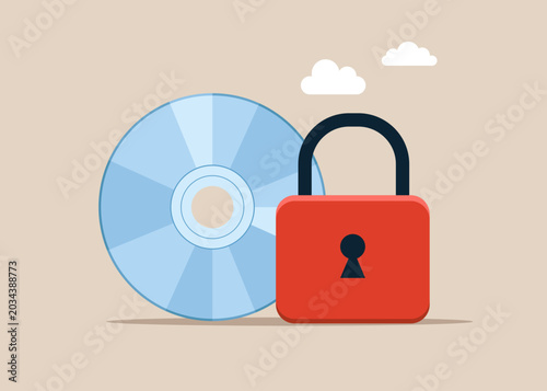 Compact Disk with red lock over. Hacker Cyber Attack, Censorship or Ransomware Activity Security. Flat vector illustration