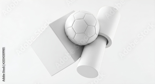 Minimalist abstract 3D composition with a blank white soccer ball and geometric shapes isolated on white background.