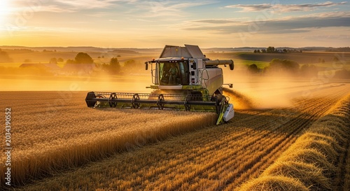 Combine harvester working in a golden wheat field during sunset. Agricultural production and food supply chain.