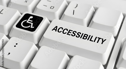 Close-up of a modern keyboard with an accessibility symbol and text, representing digital inclusion and barrier-free technology