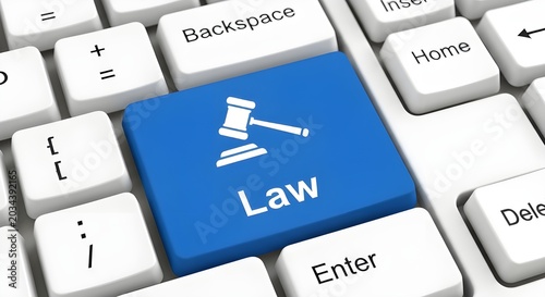 Close-up of Computer Keyboard with Blue 'Law' Key Featuring a Gavel Icon, Representing Digital Justice, Online Legal Services, and E-Law Concepts