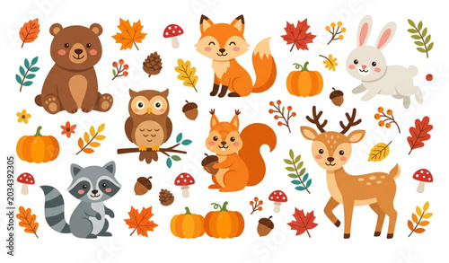 Cute woodland animal vector pack with autumn elements for nursery stickers and kids poster design