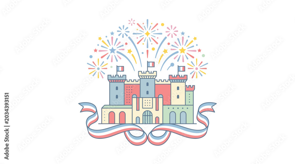 Fototapeta premium Colorful hand drawn castle illustration with festive fireworks and decorative ribbon banner.