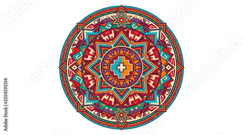 Εκτύπωση καμβά Colorful Andean Inspired Circular Mandala Pattern Featuring Llamas and Geometric Symbols
