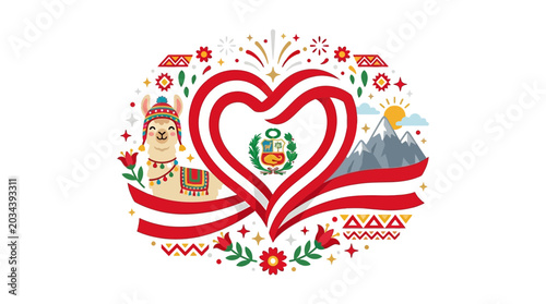 Foto Decorative illustration celebrating Peru with heart shaped flag and cultural icons