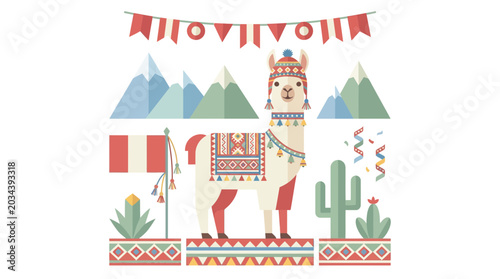 Foto Decorative Llama Character Illustration with Peruvian Cultural Elements