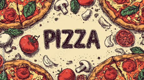 Retro pizza poster design with illustrated slices, tomatoes, garlic and mushrooms.