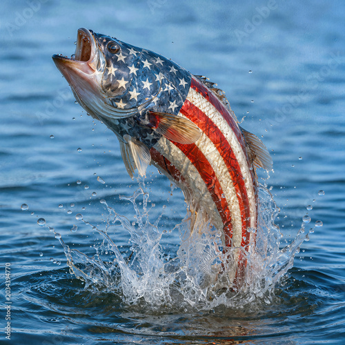 A fish with the American flag pattern leaps out of the water, creating a splash in blue water