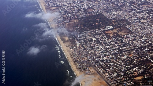 aerial view of the chennai city and marina sand beach