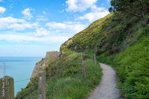 Winding clifftop path on the cliffs in Wicklow, Ireland between Greystones and Bray.. Bright sunny day with blue sky.