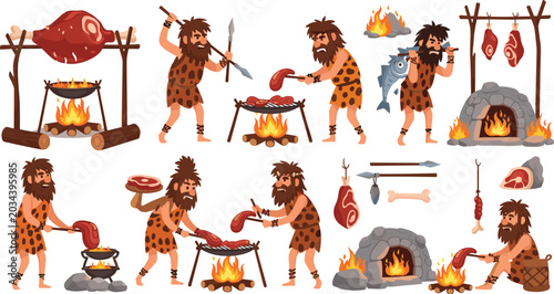 Quadro em tela Prehistoric caveman cooking meat on fire, hunting and grilling food with stone t