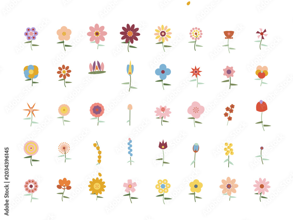 Obraz premium Colorful Flower Icons, Floral Symbols, Vector Illustrations, Garden Elements