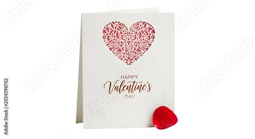 Valentine's Day greeting card with ornate red heart, elegant white stationery with Happy Valentine's Day text, romantic card with rose petal