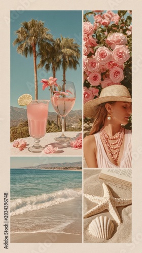 Woman relaxing by a tropical beach with flowers and summer decor, vacation lifestyle, coastal escape, feminine travel mood, summer holiday.