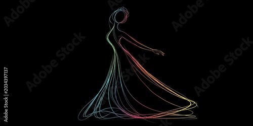 Colorful line drawing of dancing woman on black background