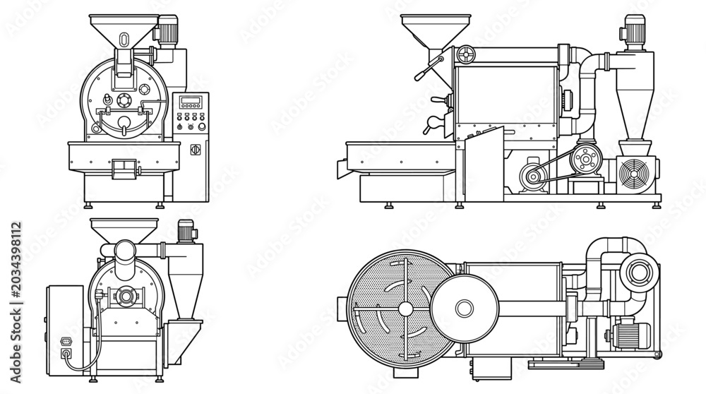 Obraz premium Coffee roaster machine technical drawing blueprint with front side back and top views CAD line art vector illustration